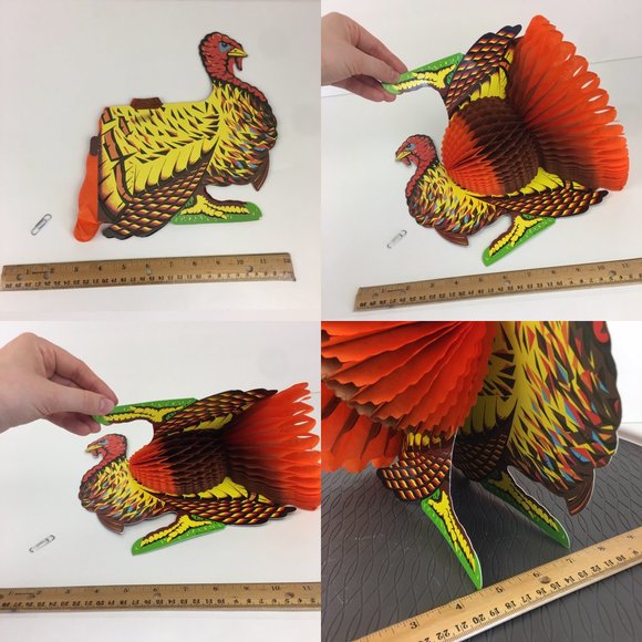 Vtg Beistle Co Paper Turkey 13 inch w Unbranded Paper Pumpkins Neon Orange READ - Picture 8 of 10